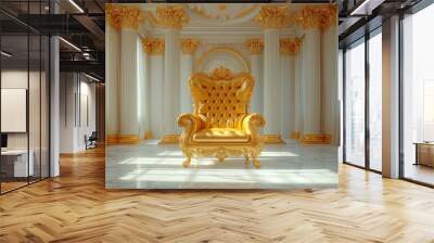 Classic armchair in the room, The Throne Room with Gold royal chair on a white background of light sky curtains. Place for the king. Throne, classic chair in the room , Ai generated image Wall mural