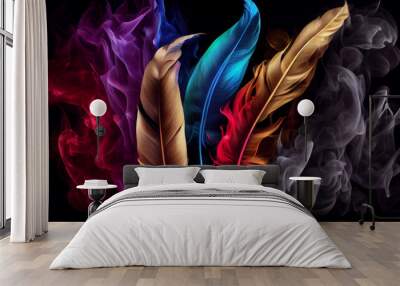 Contours of colored multicolor feathers in smoke on black background, fantastic magic background, unusual beautiful wallpaper Ai generated image Wall mural