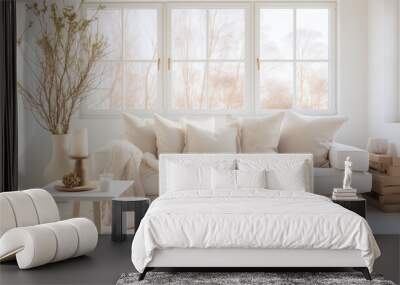 Cream color sofa with many pillows near wooden paneling wall with shelves. Scandinavian interior, White cushions and cream color blanket on white sofa against of window, Ai generated image Wall mural