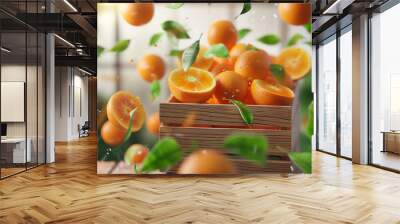 Healthy fruit snacks for nutrition, vitamins. 3d render isolated, Minimal stylized cartoon brown wooden box with fresh ripe oranges, green leaves floating in air. Autumn harvest at the farm.  Wall mural