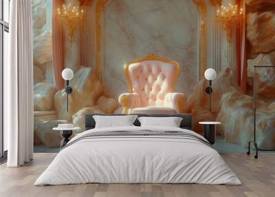 Interior of a hotel, The Throne Room with Gold royal chair on a white background of light sky curtains. Place for the king. Throne, classic chair in the room , Ai generated image Wall mural