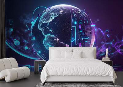 Metaverse digital world cyber space 3D rendering background, neon colorful global world in cyber space, future energy power technology and internet connection concept Ai generated image Wall mural