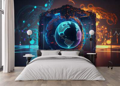 Metaverse digital world cyber space 3D rendering background, neon colorful global world in cyber space, future energy power technology and internet connection concept Ai generated image Wall mural