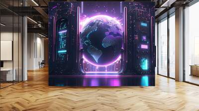 Metaverse digital world cyber space 3D rendering background, neon colorful global world in cyber space, future energy power technology and internet connection concept Ai generated image Wall mural