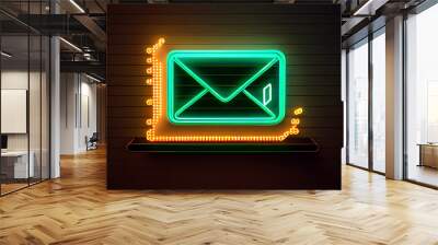 New email notification neon in the inbox receiving an alert message in envelope's shape with an unread message, e mail symbol on blue background, Ai generated image  Wall mural