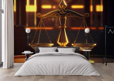 Shiny golden balanced scale in court library background Ai generated image Wall mural