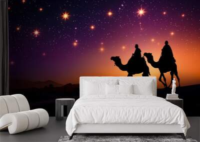 Silhouette of a horse and rider, Wolf howling at sunset, Silhouette of Three wise men riding a camel along the star path, Ai generated image Wall mural