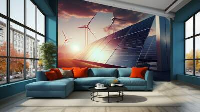 The generation of sustainable green energy using solar energy panel photovoltaic cells and wind turbine farms is a friendly enterprise. Ai generated image Wall mural