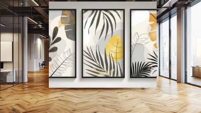 three canvases of vertical black frame, grey solid background Wall mural