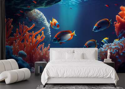 Tropical sea underwater fishes on coral reef. Aquarium oceanarium wildlife colorful marine panorama landscape nature snorkel diving.  Colorful underwater world background coral reef Ai generated image Wall mural