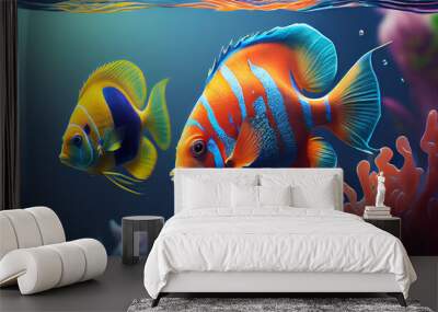 Tropical sea underwater fishes on coral reef. Aquarium oceanarium wildlife colorful marine panorama landscape nature snorkel diving.  Colorful underwater world background coral reef Ai generated image Wall mural