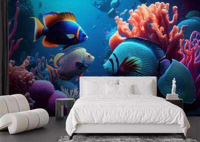 Tropical sea underwater fishes on coral reef. Aquarium oceanarium wildlife colorful marine panorama landscape nature snorkel diving.  Colorful underwater world background coral reef Ai generated image Wall mural