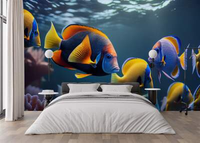 Tropical sea underwater fishes on coral reef. Aquarium oceanarium wildlife colorful marine panorama landscape nature snorkel diving.  Colorful underwater world background coral reef Ai generated image Wall mural