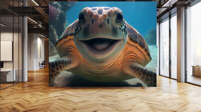 turtle swimming. Cute turtle smiling under the sea Ai generated image Wall mural