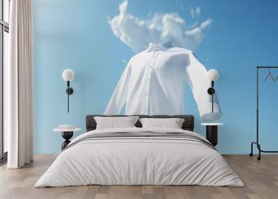 White shirt with ghost model floating in blue background. Snow-white shirt flies in the sky against the clouds. Perfectly white clothes after washing, without human body. Bleach, laundry, dry, Ai Wall mural