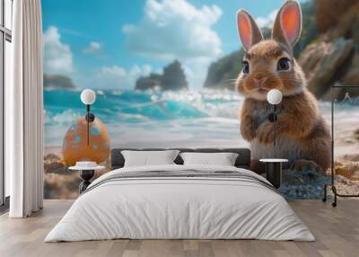 A cute brown bunny with upright ears sitting on a sunny beach next to a dotted Easter egg with turquoise ocean waves and rocky cliffs in the backgroundbunny Wall mural