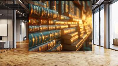 Golden Hour Light Streaming into a Vintage Library with Rows of Classic Hardbound Books on Wooden Shelves Creating an Enchanting Ambiancevintage library Wall mural