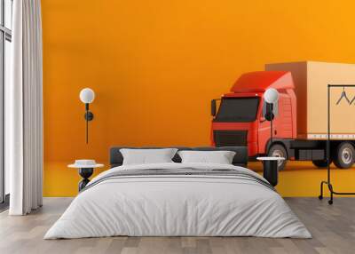 A vibrant red delivery truck with a large cardboard box on a bright orange background, symbolizing logistics and transportation. Wall mural