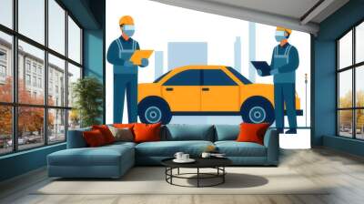 Car manufacturing plant, assembly workers with protective gear, flat design illustration Wall mural