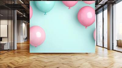 Colorful balloons in pink and blue on a soft mint background for festive decoration and celebration themes. Wall mural