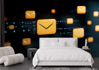 Digital email icons flying through cyberspace representing message communication. Wall mural