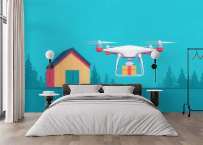 Electric drones delivering packages, green logistics innovation, flat design illustration Wall mural