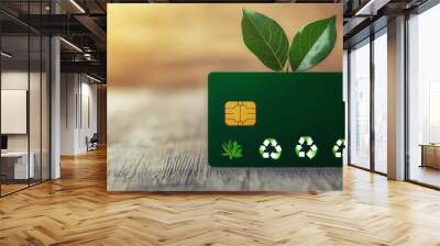 Isolated image of a green credit card embedded with eco-friendly icons, representing sustainable spending Wall mural