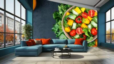 Organic salad, colorful mix of fresh vegetables, 3D illustration Wall mural