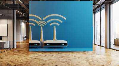 Two modern routers with signal waves on a blue gradient background, symbolizing strong wireless connectivity and internet access. Wall mural