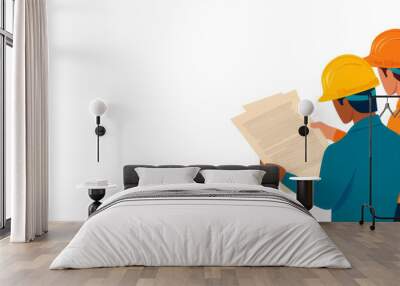 Workers in safety helmets examining documents, flat design illustration Wall mural