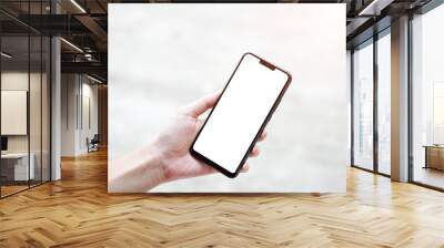 Mock up smartphone of hand holding black mobile phone with blank white screen Wall mural