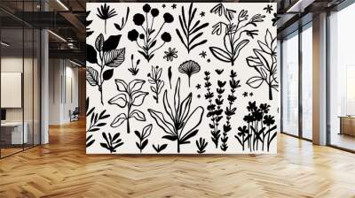 Floral abstract shapes and leaves for natural modern botany design. Minimalist nature elements collection Wall mural