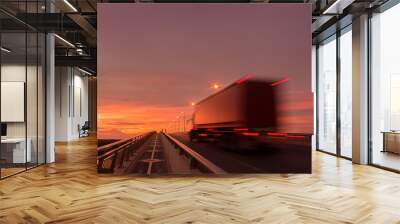 Blurred motion truck on the road with Sunset Wall mural