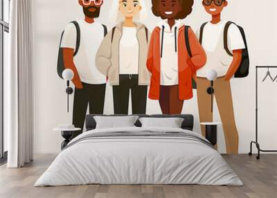 Group of 4 friends, diverse friendship. College, teamwork, and family. Illustrator cartoon. Standing post. Clear background. AI Generative. Wall mural