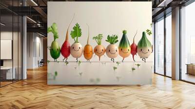 Healthy vegetable party, salad diet, vitamin cartoon. AI Generative Wall mural