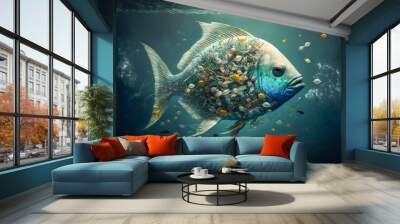 sea pollution with fish eating plastic, AI generate Wall mural