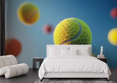 a tennis ball, golf ball, and beach ball floating elegantly from a low angle Wall mural