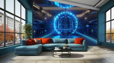 Blockchain security vault, cool blue lights, steel doors, wide interior shot Wall mural