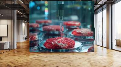 Synthetic meat laboratory, showcasing cultured proteins being developed in a clean, controlled environment with futuristic technology Wall mural