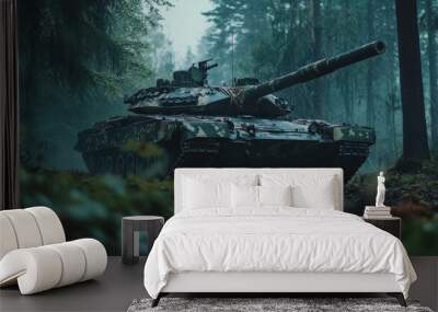 Military tank positioned in a misty forest, showcasing its rugged design and camouflage against the tranquil wilderness backdrop. Wall mural