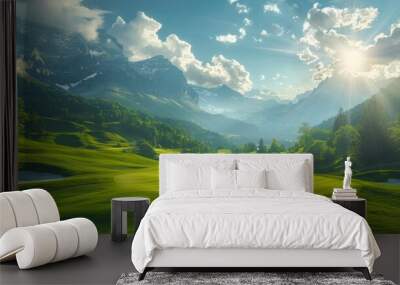 A golfer basking in the glory of a successful shot, surrounded by the breathtaking scenery of a mountain course. Wall mural