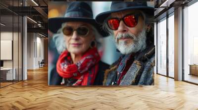 A senior couple turning heads in high-fashion attire, proving that style knows no age limits on the streets of the city. Wall mural