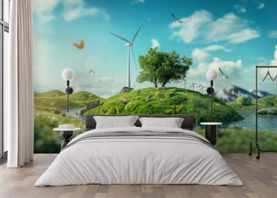 A visual representation of sustainable energy technologies and eco-friendly practices, highlighting efforts to reduce carbon footprint and promote environmental preservation. Wall mural