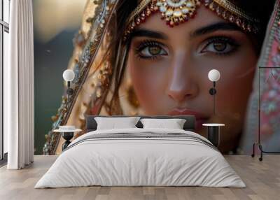 Close-up portrait of an Indian girl in traditional clothing, accessorized with intricate kundan jewelry, celebrating beauty and cultural heritage. Wall mural