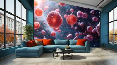 Digital rendering of white blood cells releasing interferons to inhibit viral replication and activate immune responses against virus cells. Wall mural