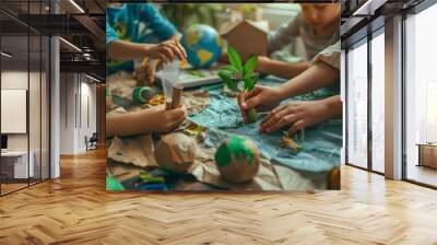 Family crafting DIY eco-friendly projects from recycled materials, fostering creativity and sustainability on Earth Day. Wall mural