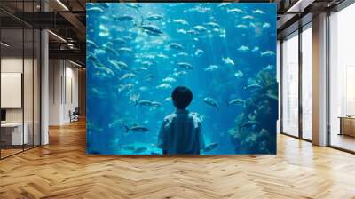 Student marveling at a school of fish swimming by the submarine window during an educational trip to the aquarium. Wall mural