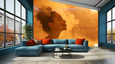 Woman enjoying a hot sauna session at a health spa, detoxifying her body and promoting relaxation and stress relief. Wall mural