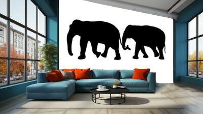 black image outline two elephant Asia walking and trunk touch the tail, graphics design, vector Illustration isolated on black background Wall mural