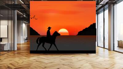 graphics image the man ride horse at beach sea with silhouette twilight is a sunset on the sea with mountain background, design vector illustration Wall mural